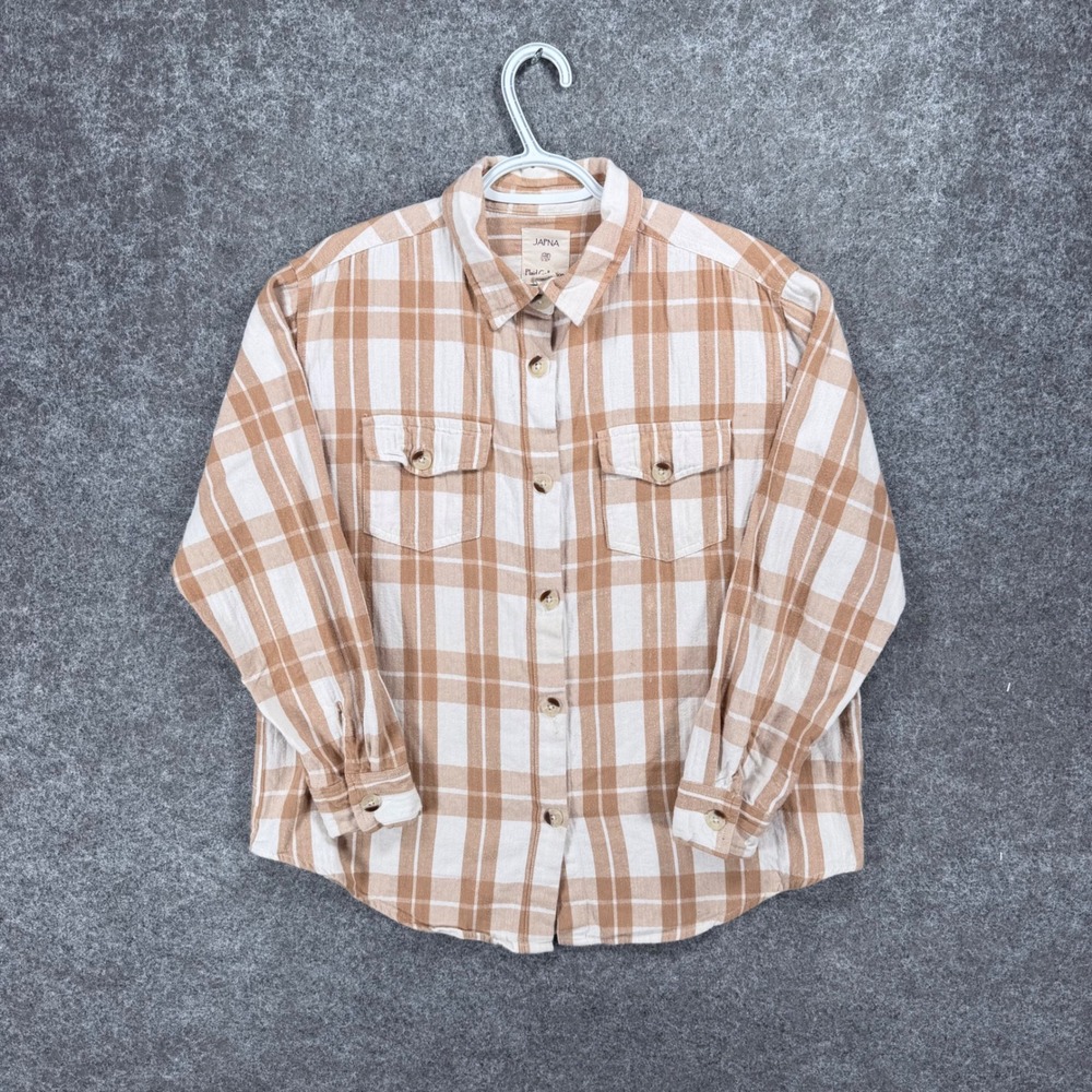 JAPNA Plaid Collection Womens L Tan White Plaid Cotton Flannel Button Shirt